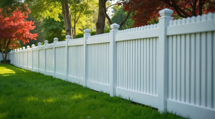 Clean white semi-privacy vinyl fence installed along a lush green backyard lawn with trees.