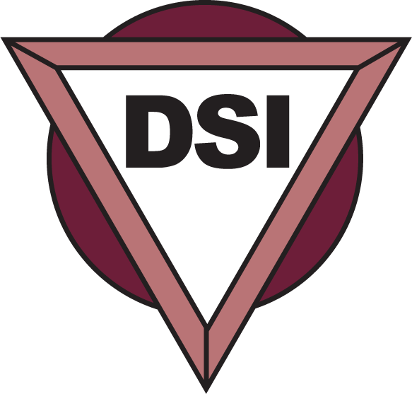 DSI logo, black letters in a white triangle, overlaid on a maroon circle.