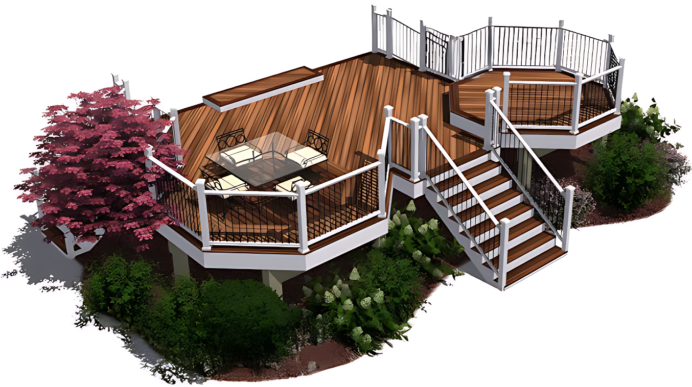 Wooden deck with various levels, railings, steps, and landscaping.