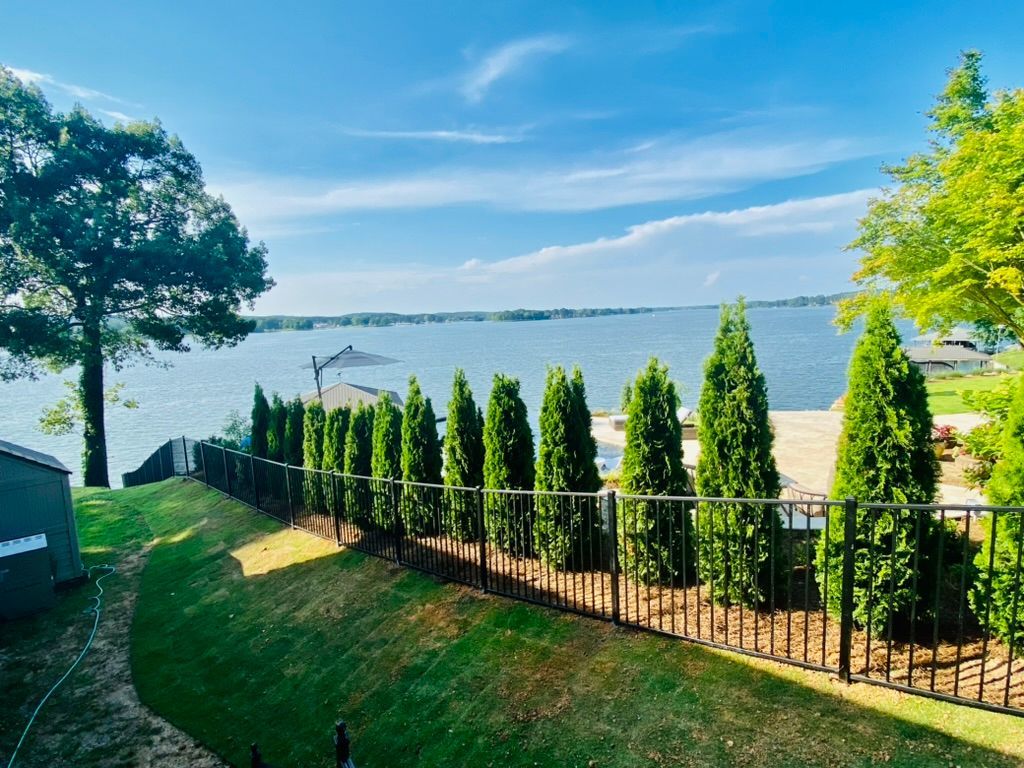 Lakeside view with green trees, fence, and grass under a blue sky.