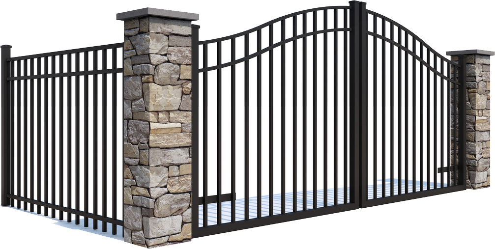 Black metal gate with stone pillars.