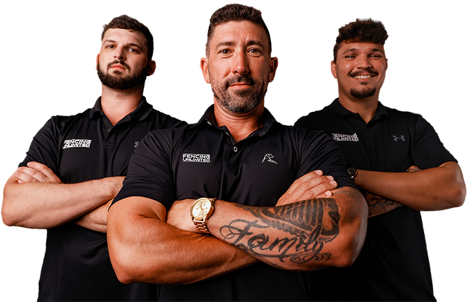 Three men in black shirts with arms crossed, smiling.