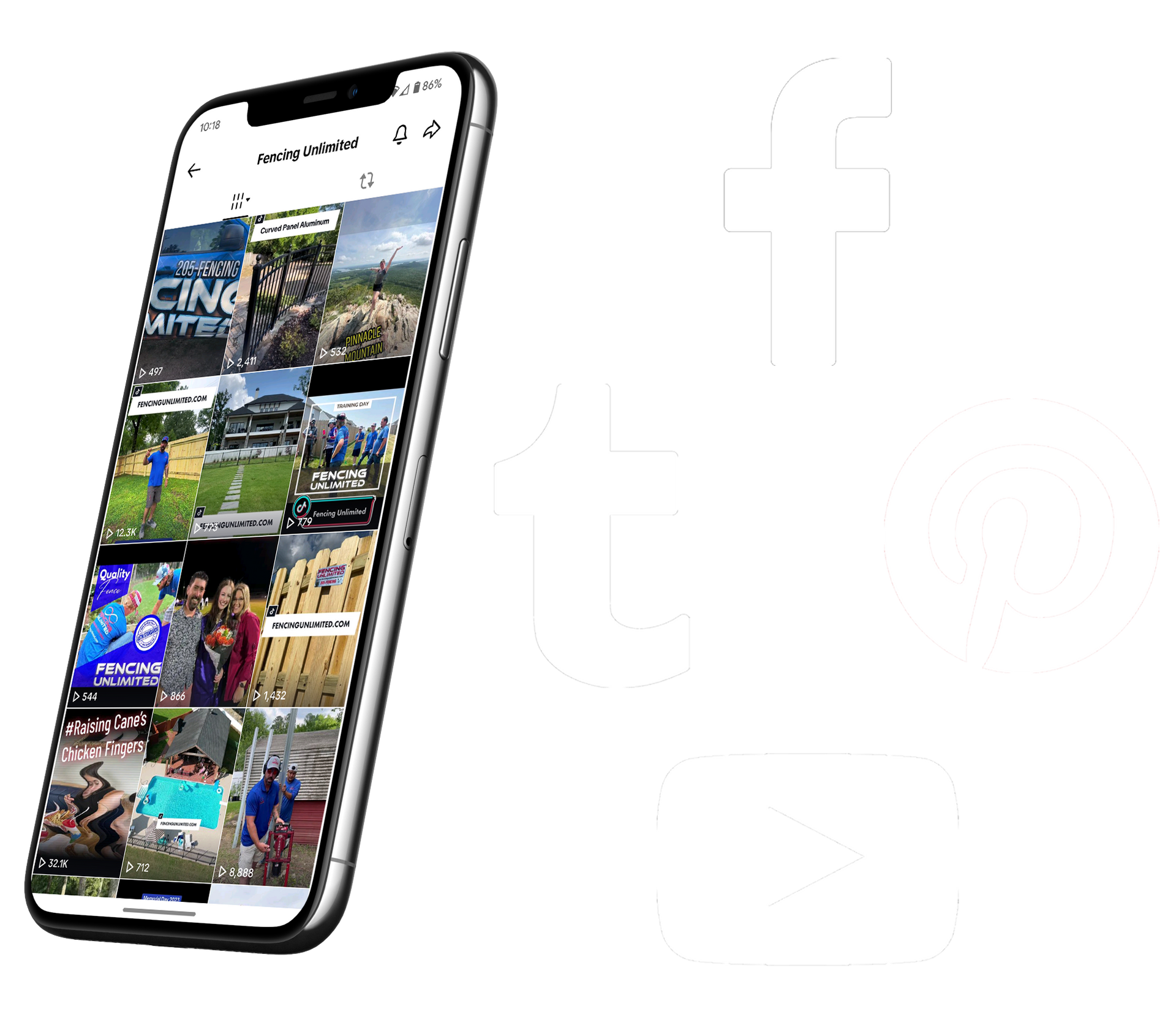 Smartphone displaying a video feed, with Facebook icons in the background.