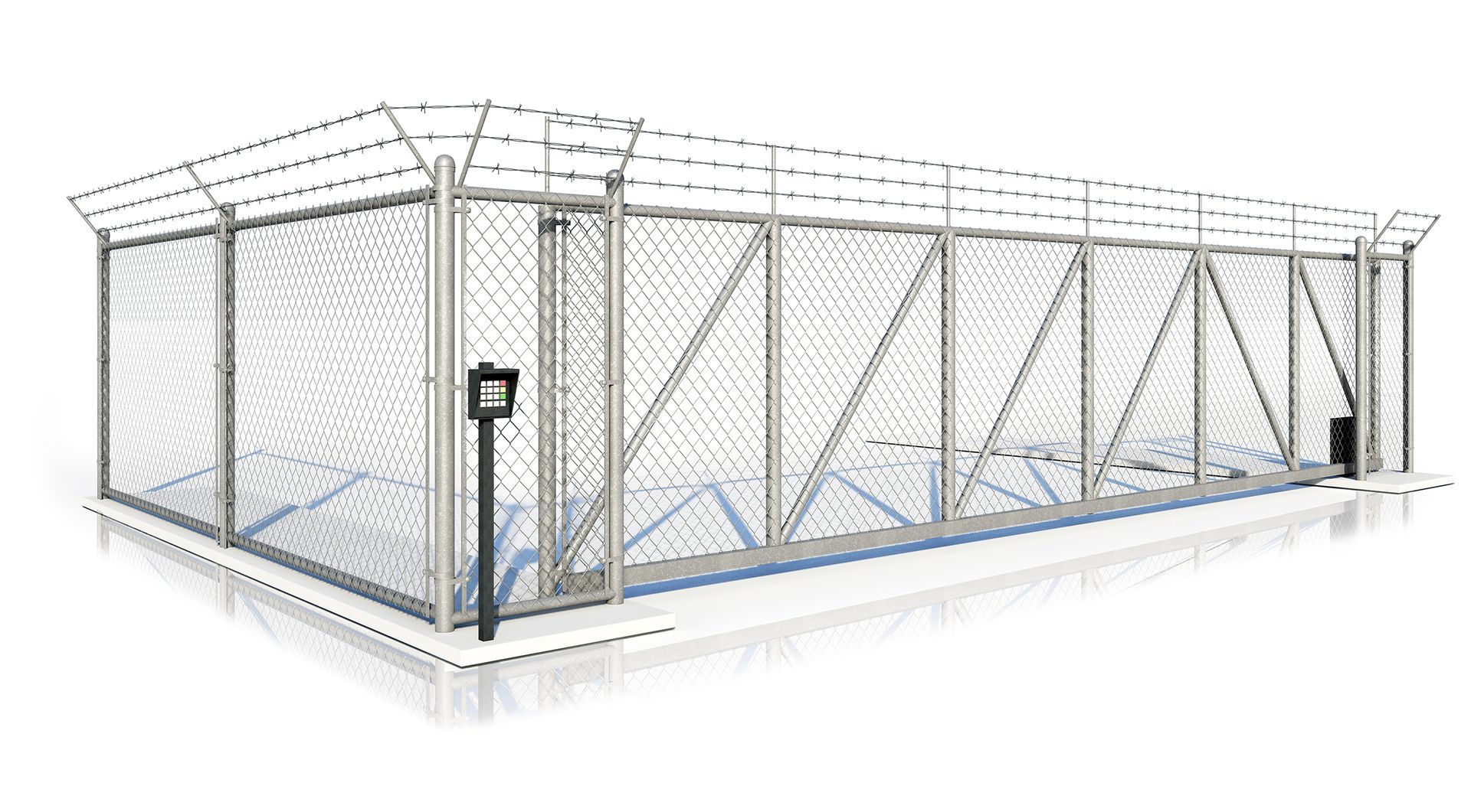 Security fence with barbed wire. Includes a gate and control panel.