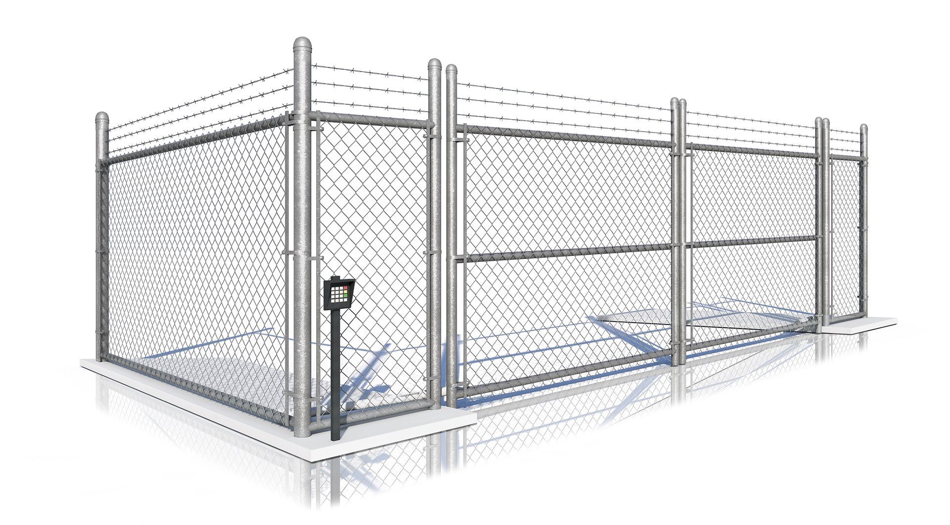 Chain link fence with barbed wire on top. A gate is in the center, and a black box is beside it.