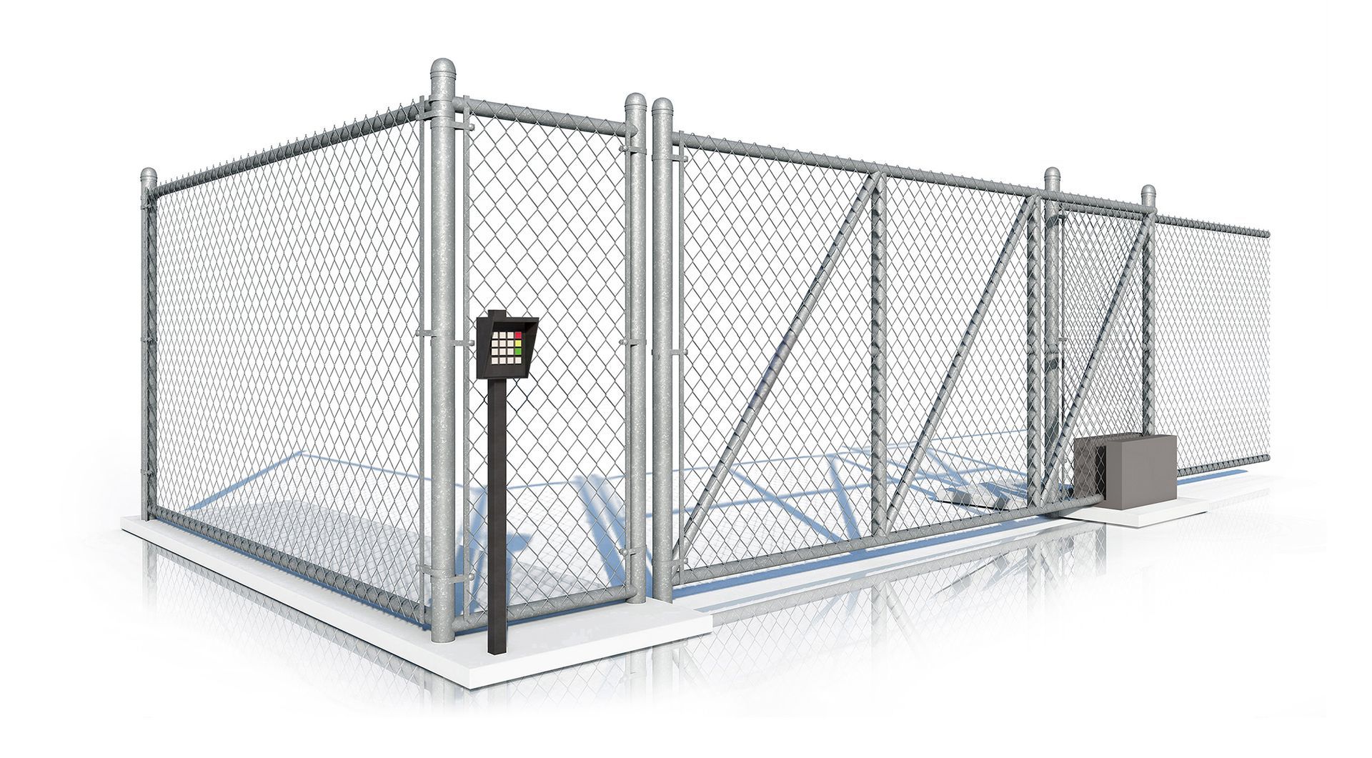 Chain-link fence enclosure with silver posts. A security system on a post in front.