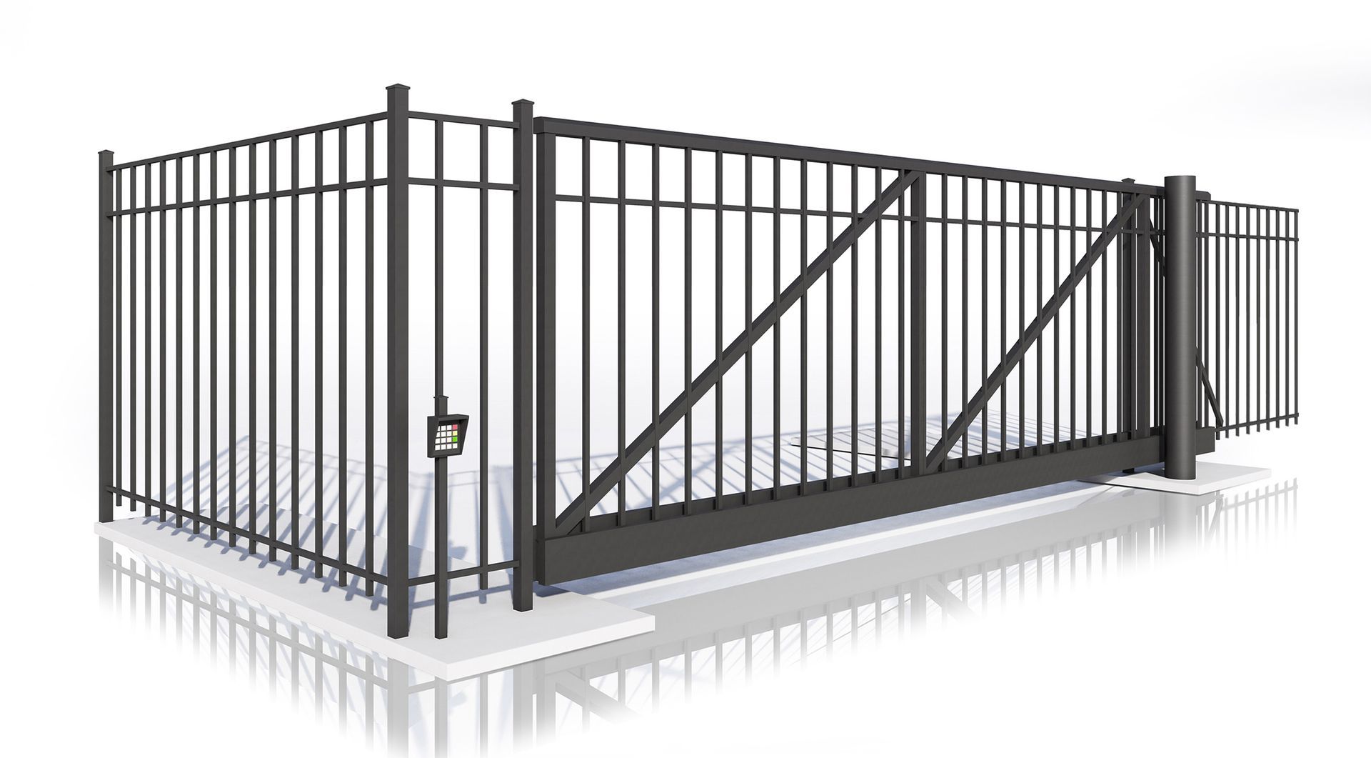 Black metal sliding gate with vertical bars and diagonal support, on a concrete base.