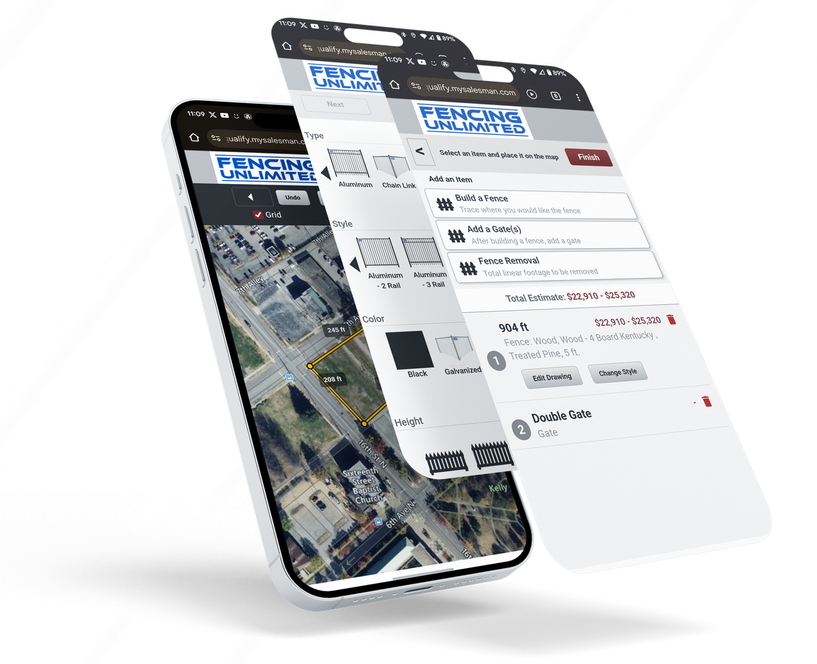 Smartphone showing a fencing website with a map and fence style options.
