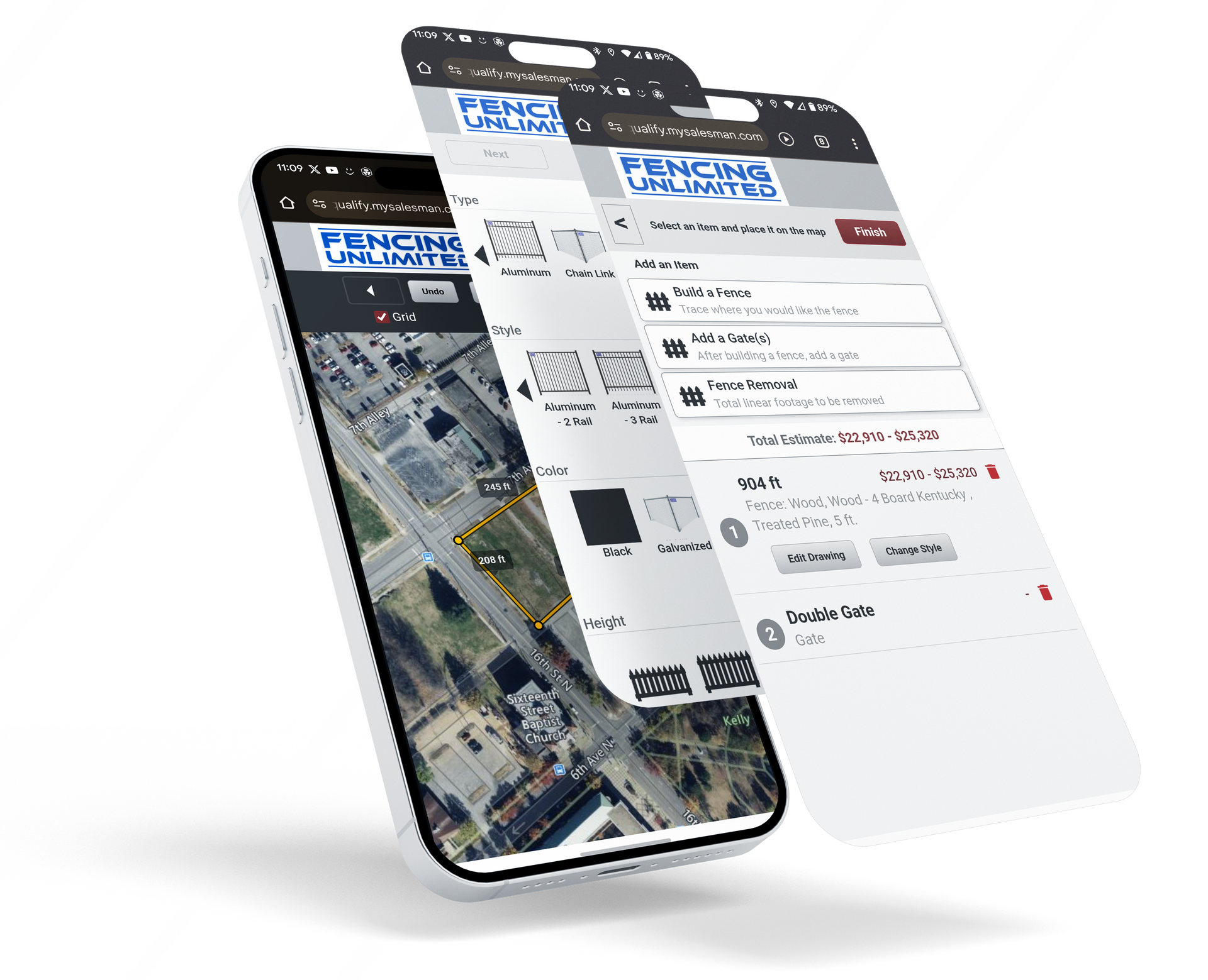 Smartphone showing a fencing website with a map and fence design options.
