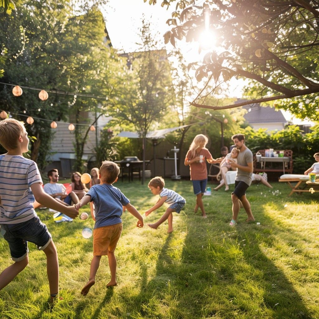 People enjoying a backyard gathering with children playing on a sunny day.