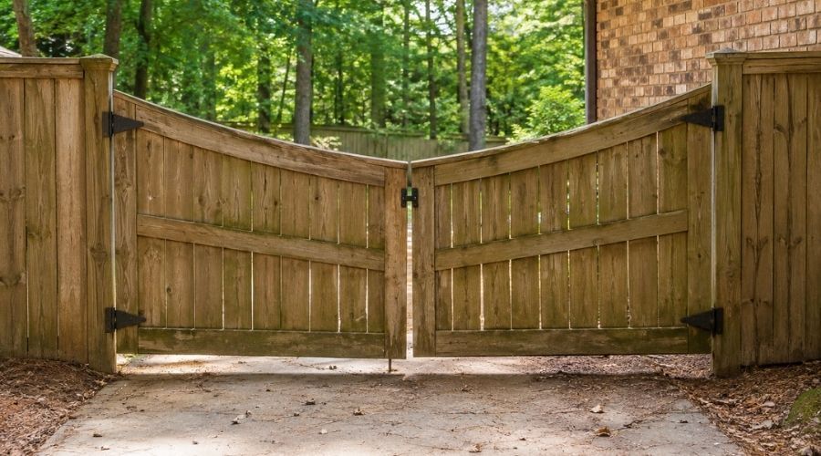 Double wooden privacy driveway gate showing center sagging in Birmingham.
