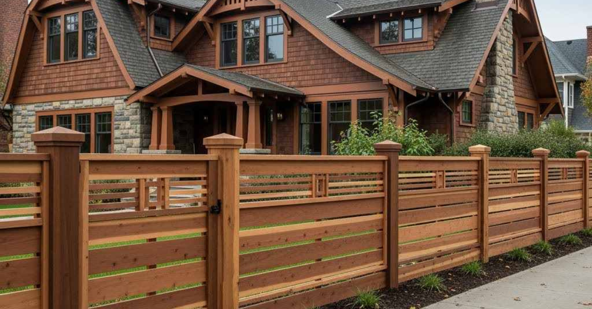 Wooden fence in front of a brown Craftsman-style house with stone accents, on a street.