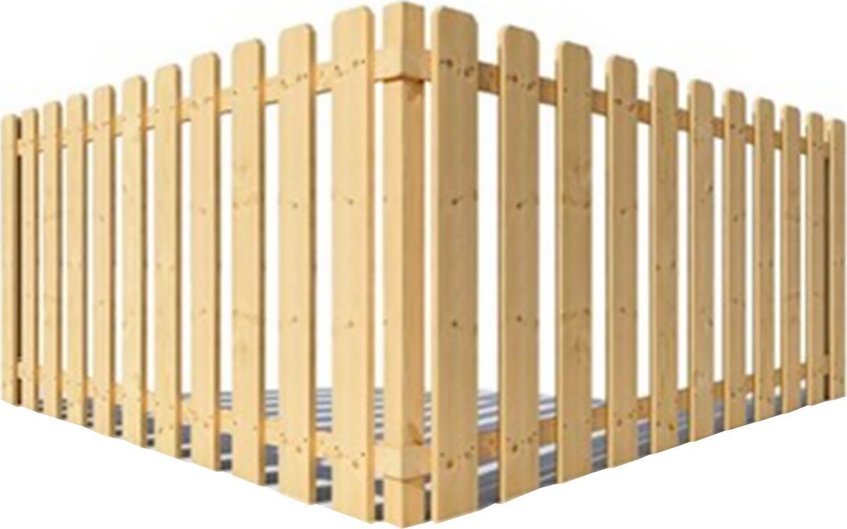 Wooden picket fence forming a corner, with vertical slats.