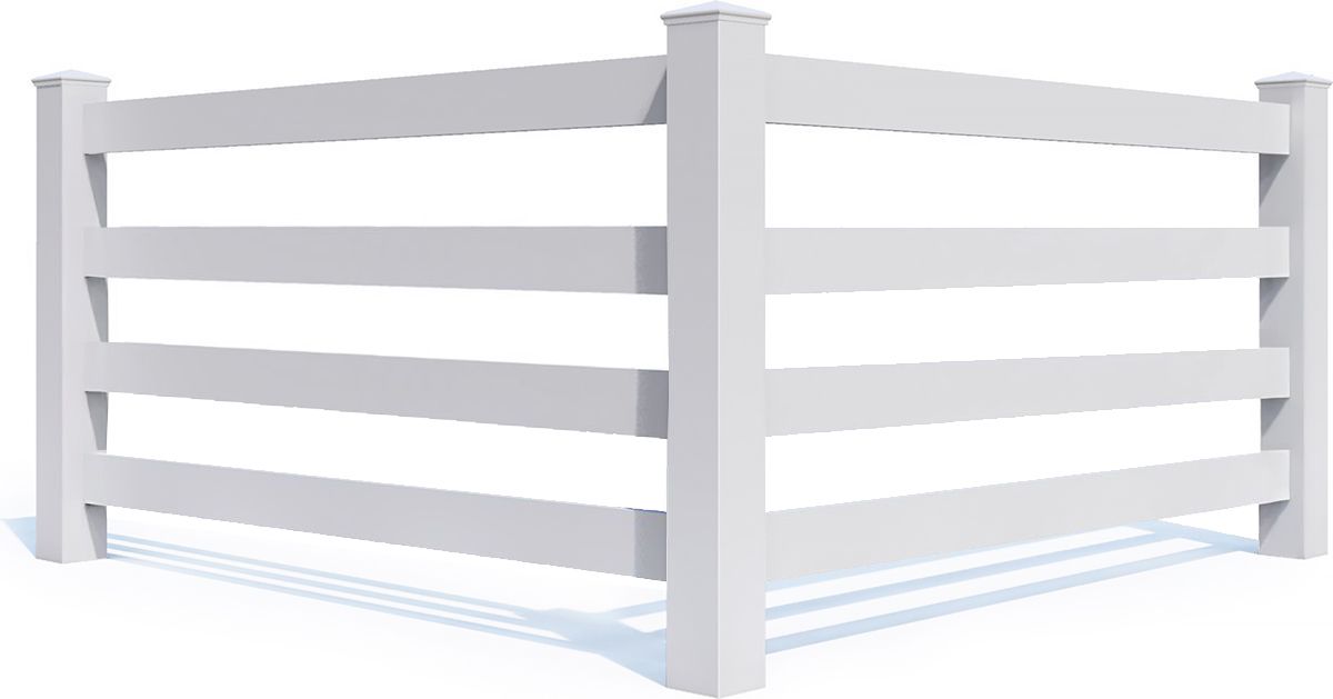 White corner fence with four horizontal rails.