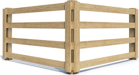 Light wood corner garden fence with horizontal slats and metal connectors