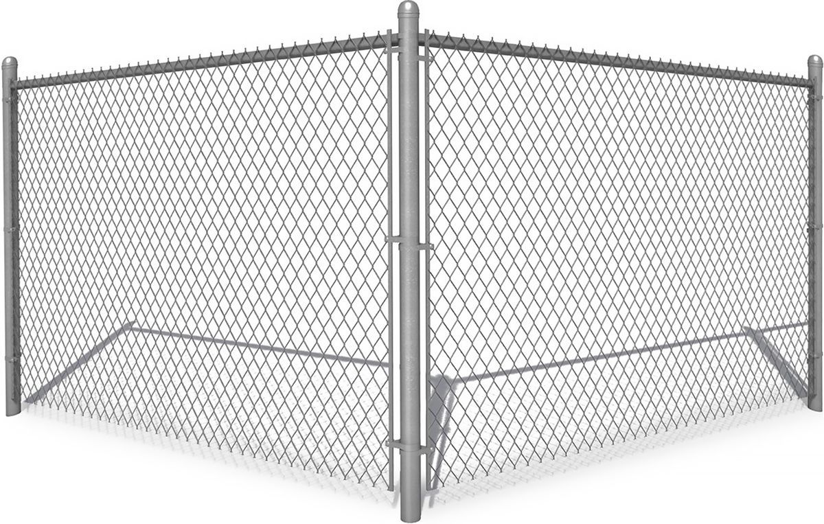 Gray chain-link fence, corner view, secured by metal posts.