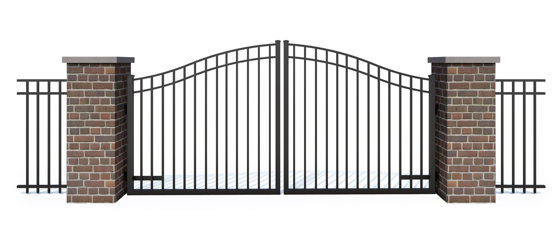 A black iron gate with brick pillars and side fencing, set against a white backdrop.