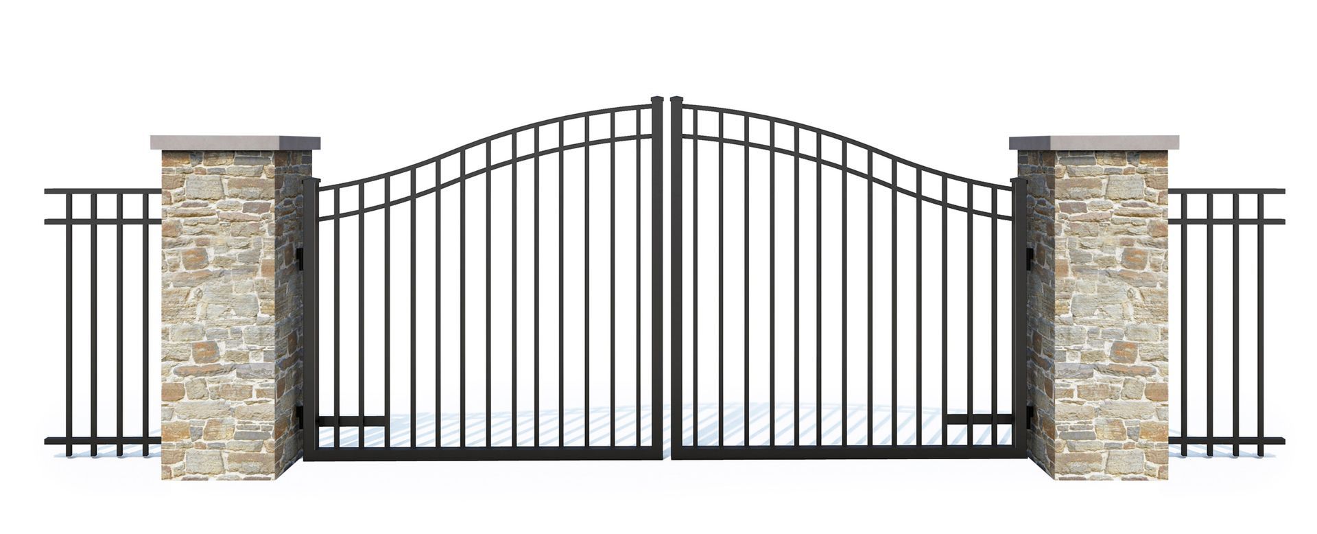 Black wrought iron gate with stone pillars.