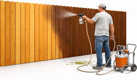 Person spray-painting a wooden fence in a white and orange outdoor scene