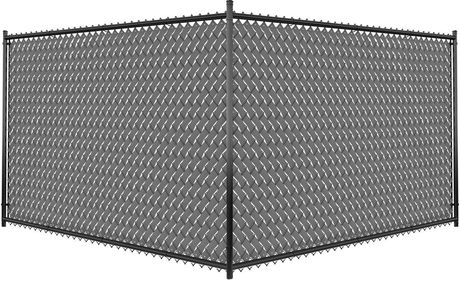 Chain-link fence corner with metal posts and gray woven wire panels