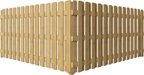 Corner section of a light wood picket fence with vertical slats
