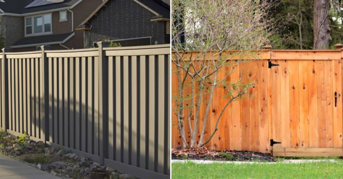 Two contrasting fences: gray vertical slats next to brown wooden panels.