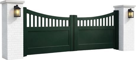 Dark green double driveway gate between white brick pillars with lanterns