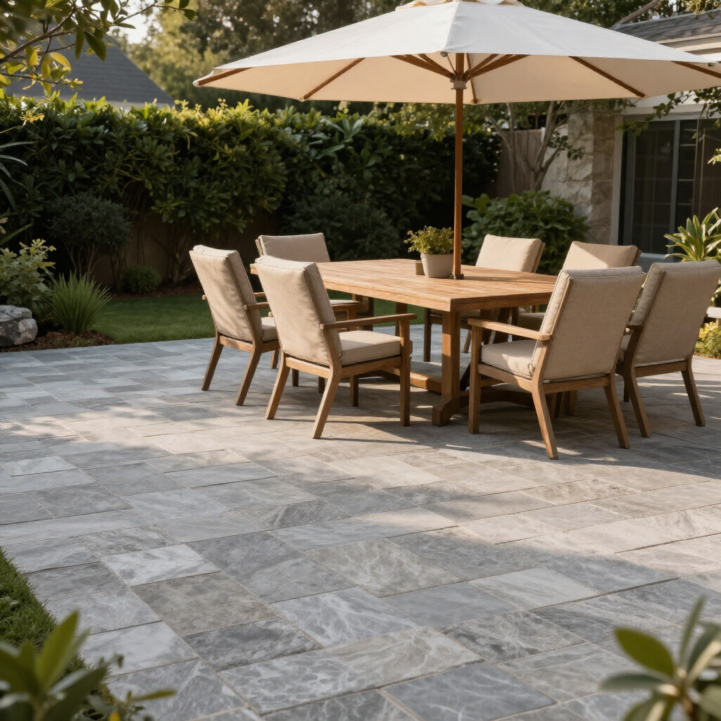 Outdoor patio with a wooden dining table, beige chairs, and a large white umbrella on stone paving.