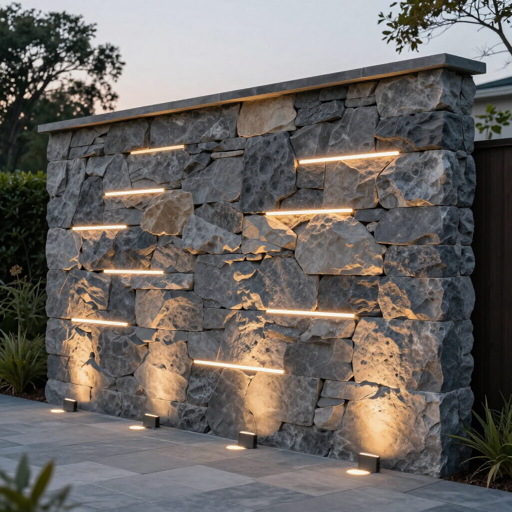 Stone garden wall with horizontal warm lights embedded in rough gray rock at dusk