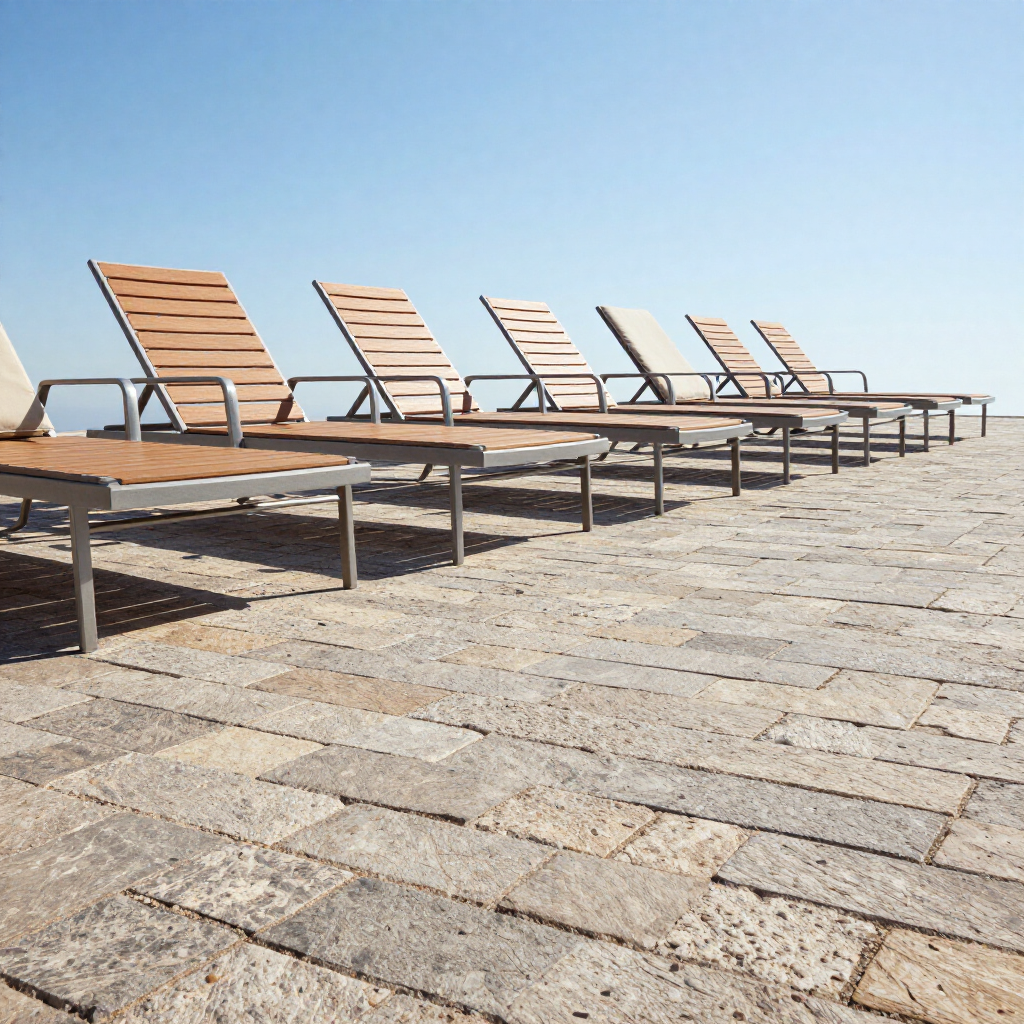Row of wooden lounge chairs on a stone terrace under a clear blue sky