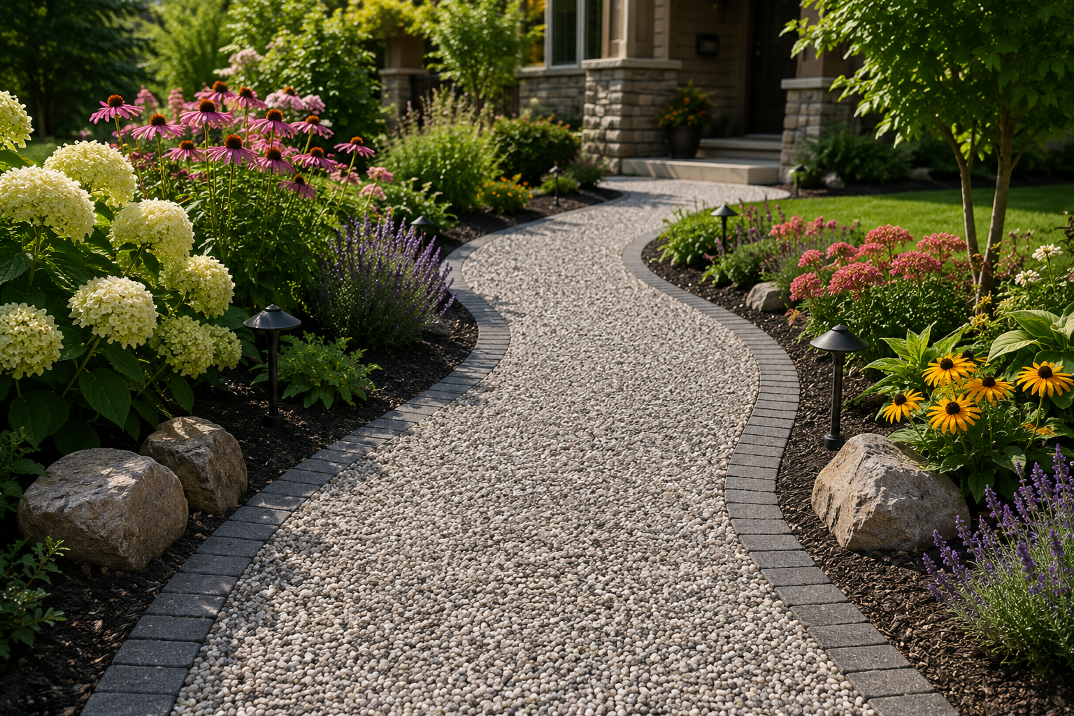 Curved gravel garden path bordered by colorful flowers and shrubs leading to a house entrance