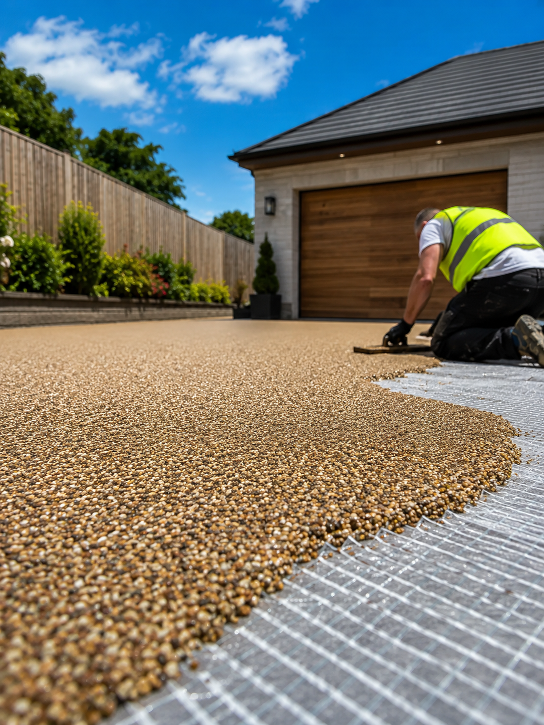 Worker spreading pebble resin over a driveway beside a garage on a sunny day