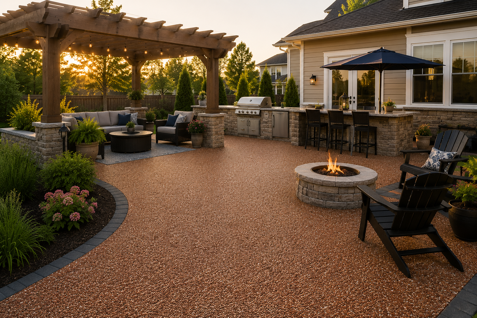 Backyard patio with fire pit, pergola seating, and stone outdoor kitchen at sunset
