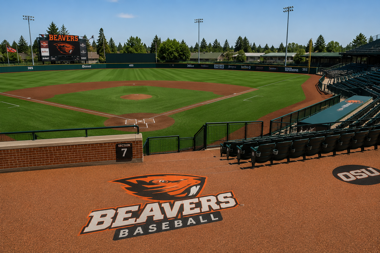 Beavers Baseball stadium with green field, red dirt infield, and orange seating under clear skies