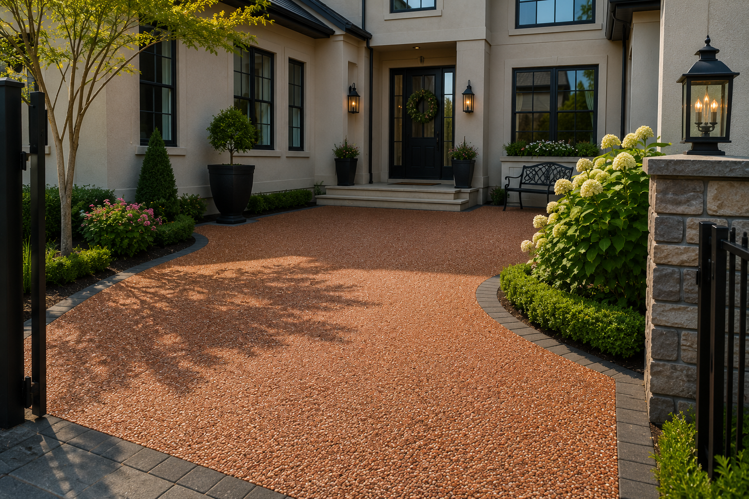 Gravel front courtyard with stone path, manicured shrubs, and a house entrance framed by lanterns