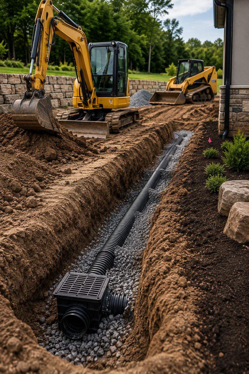 Three yellow construction machines on a dirt site, viewed from above.