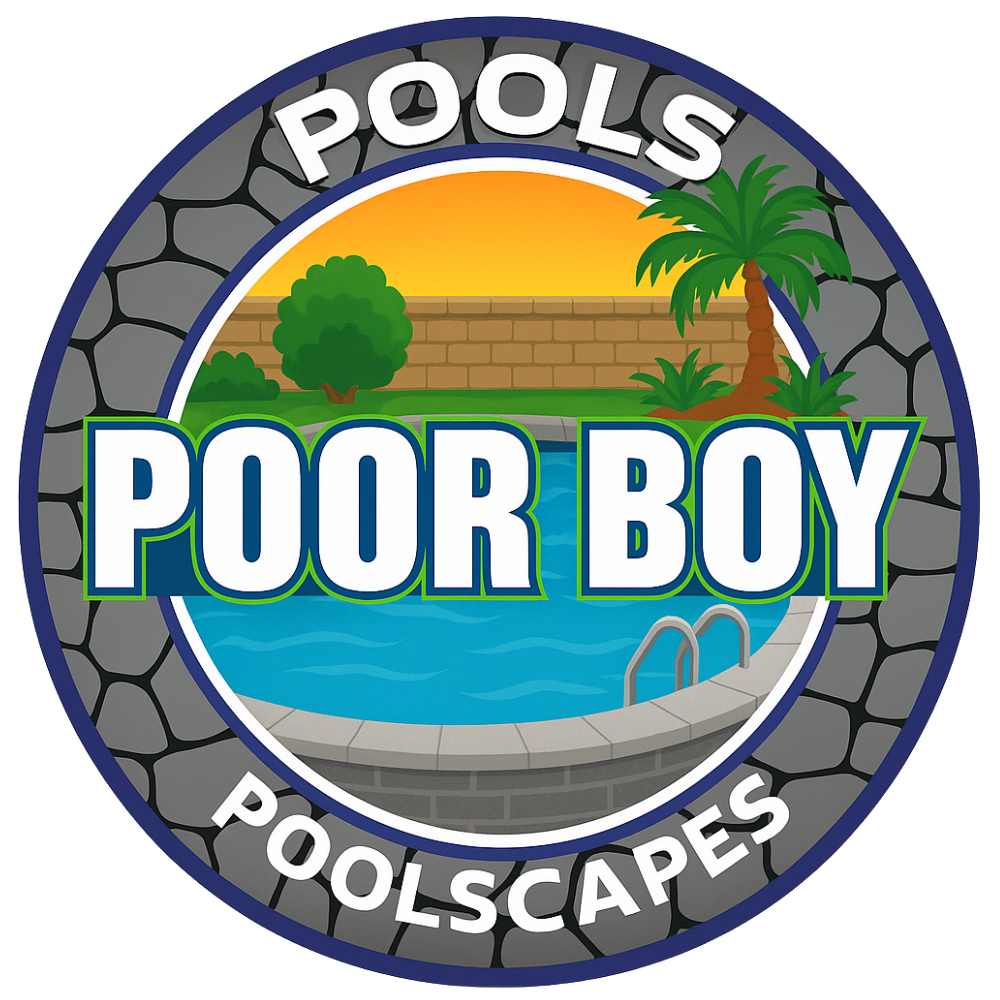 Poor Boy Poolscapes logo with blue pool, stone border, and palm trees