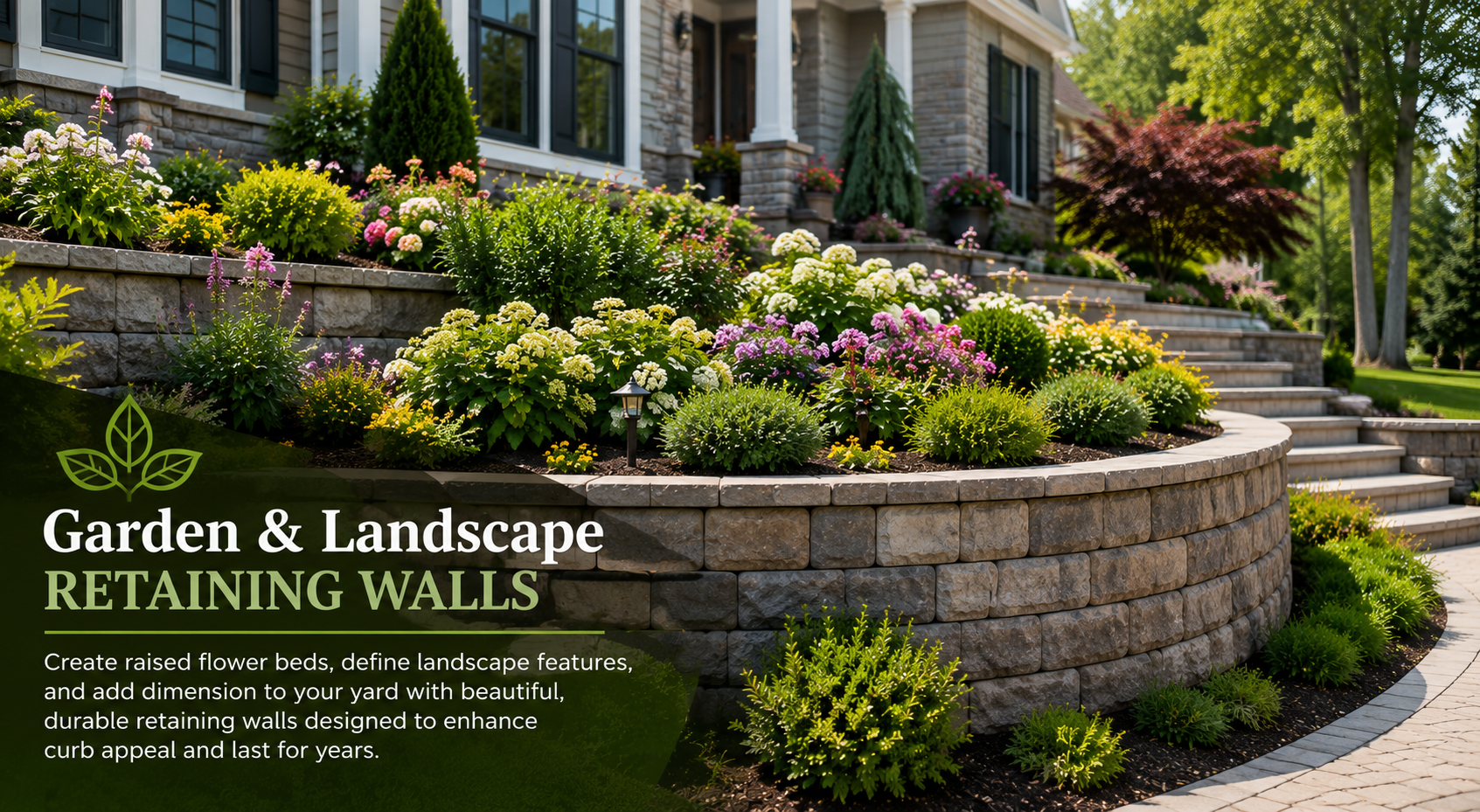 Landscape retaining wall with stone steps and colorful flowerbeds beside a house