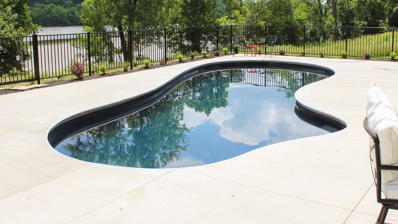 Backyard swimming pool with curved edges beside a patio and trees reflected in the water