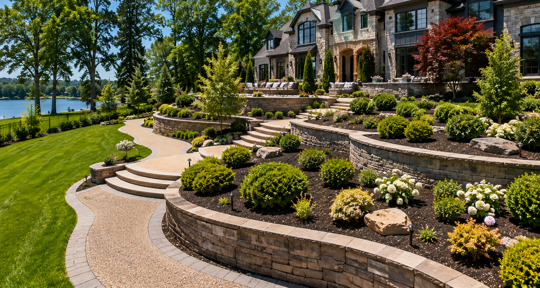 Curved stone steps and terraced garden beds beside a lakeside house with trees and shrubs