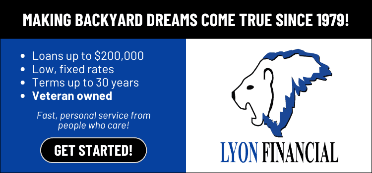 Lyon Financial ad: blue backyard loan offer with lion logo and “Get Started!” button