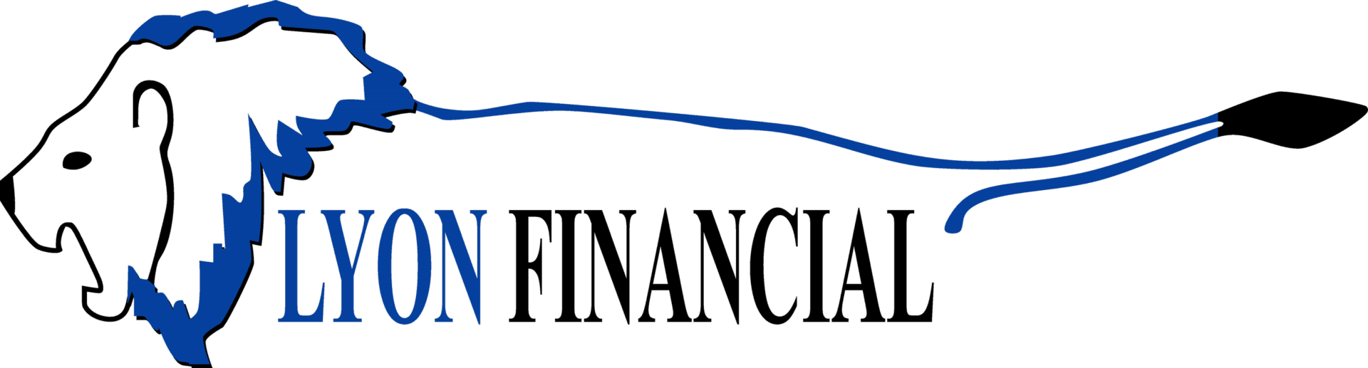 Blue and black Lyon Financial logo with a lion head and flowing mane on a white background