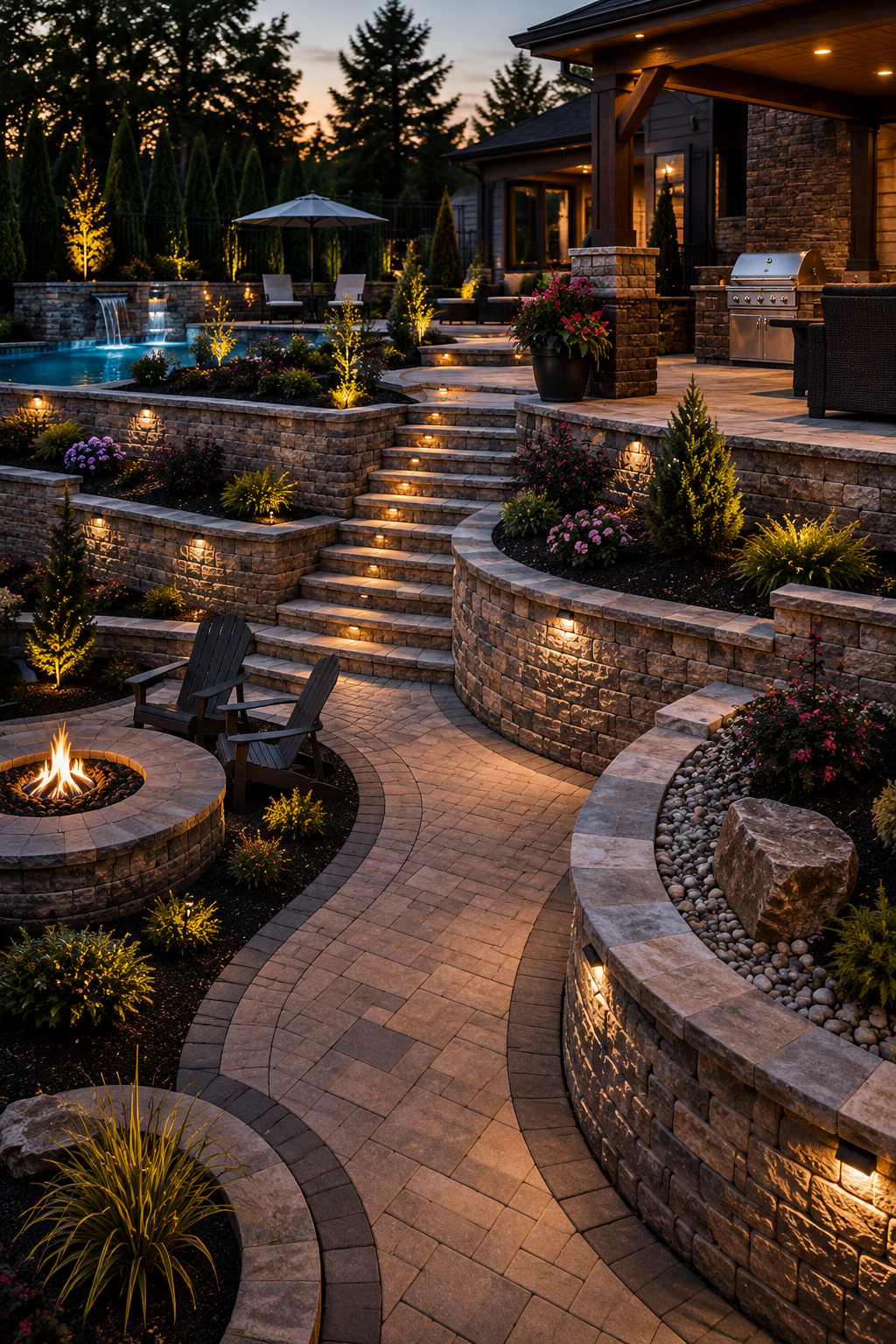 Stone terraced backyard patio at dusk with lit steps, fire pit, and lush landscaping under a covered deck