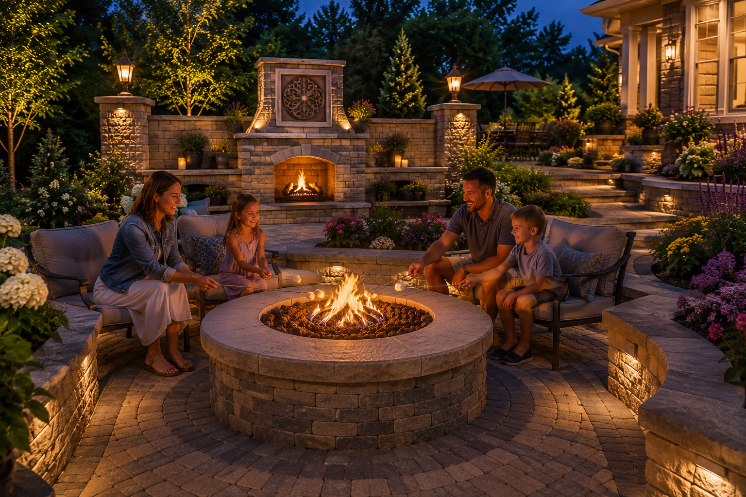 People gathered around a glowing fire pit in a stone patio garden at dusk