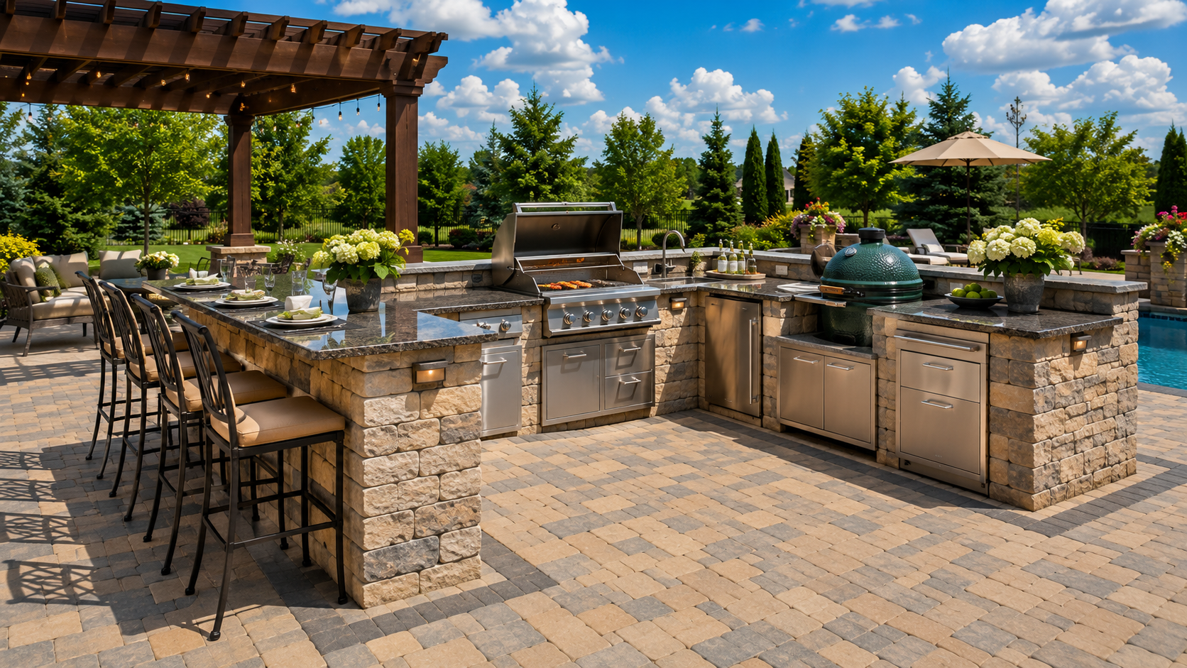 Outdoor stone patio kitchen with grill, bar seating, and pergola in a landscaped backyard