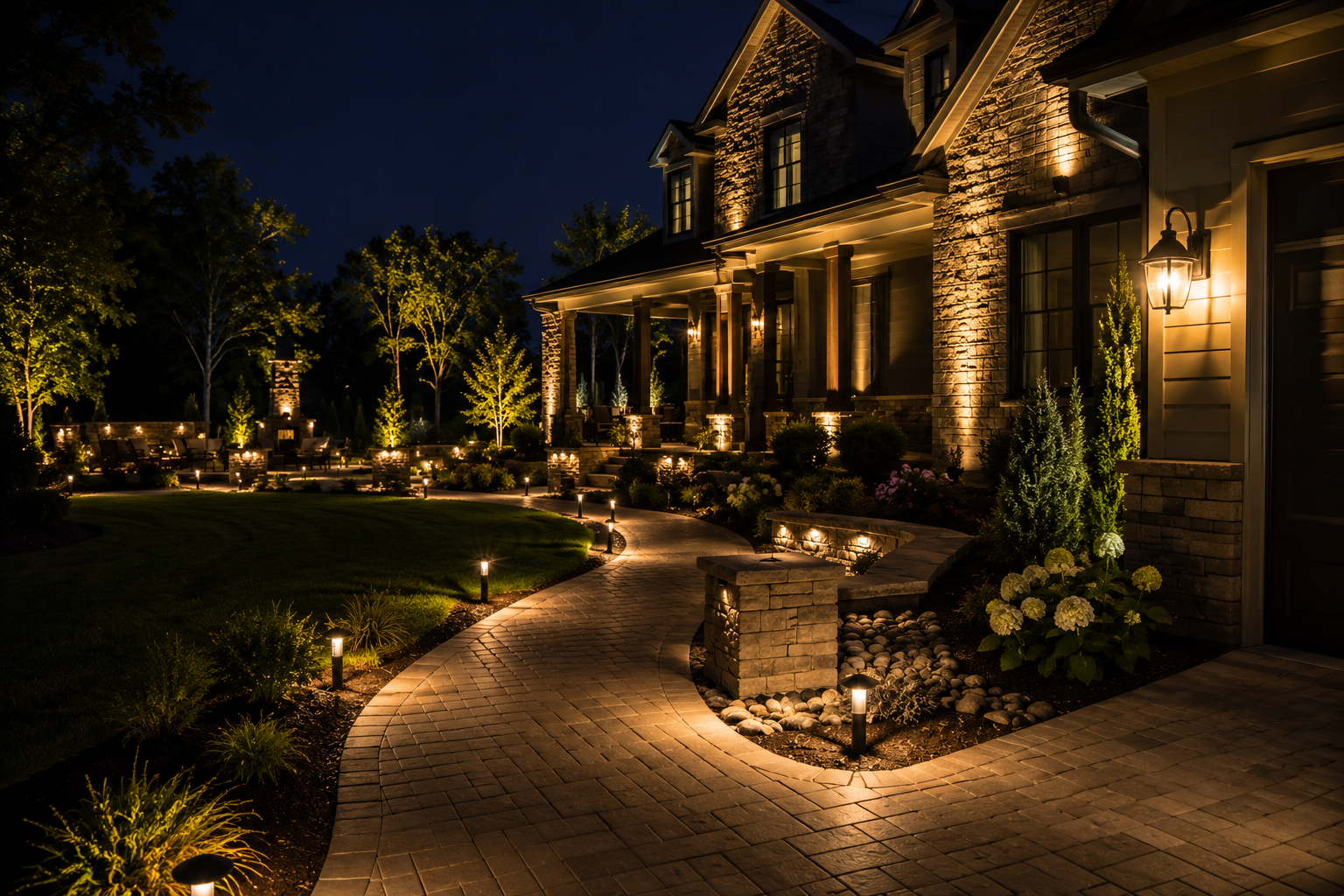 Stone house and curved brick walkway lit by warm landscape lights at night
