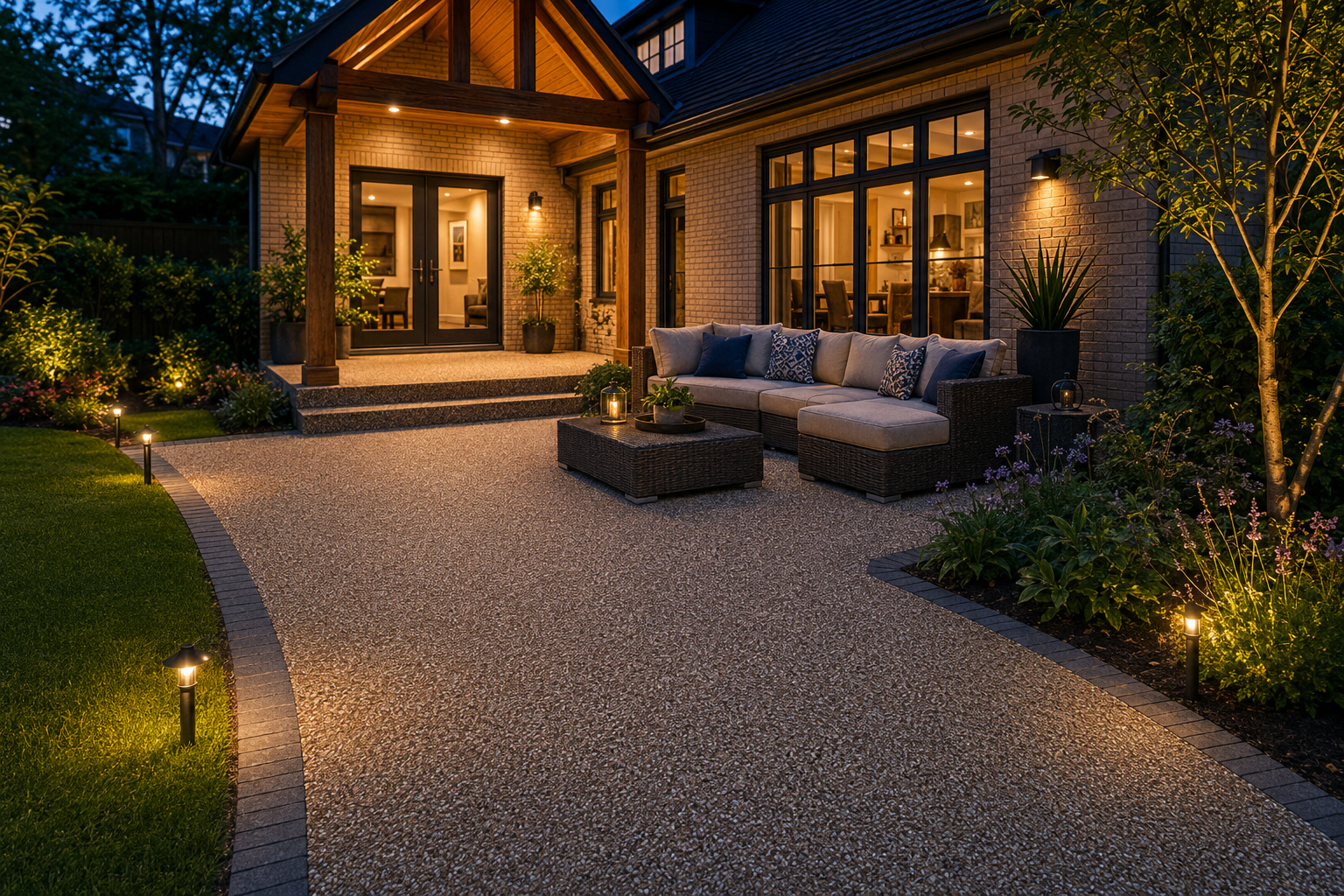 Warm-lit modern house with a stone patio, outdoor seating, and landscaped garden at dusk