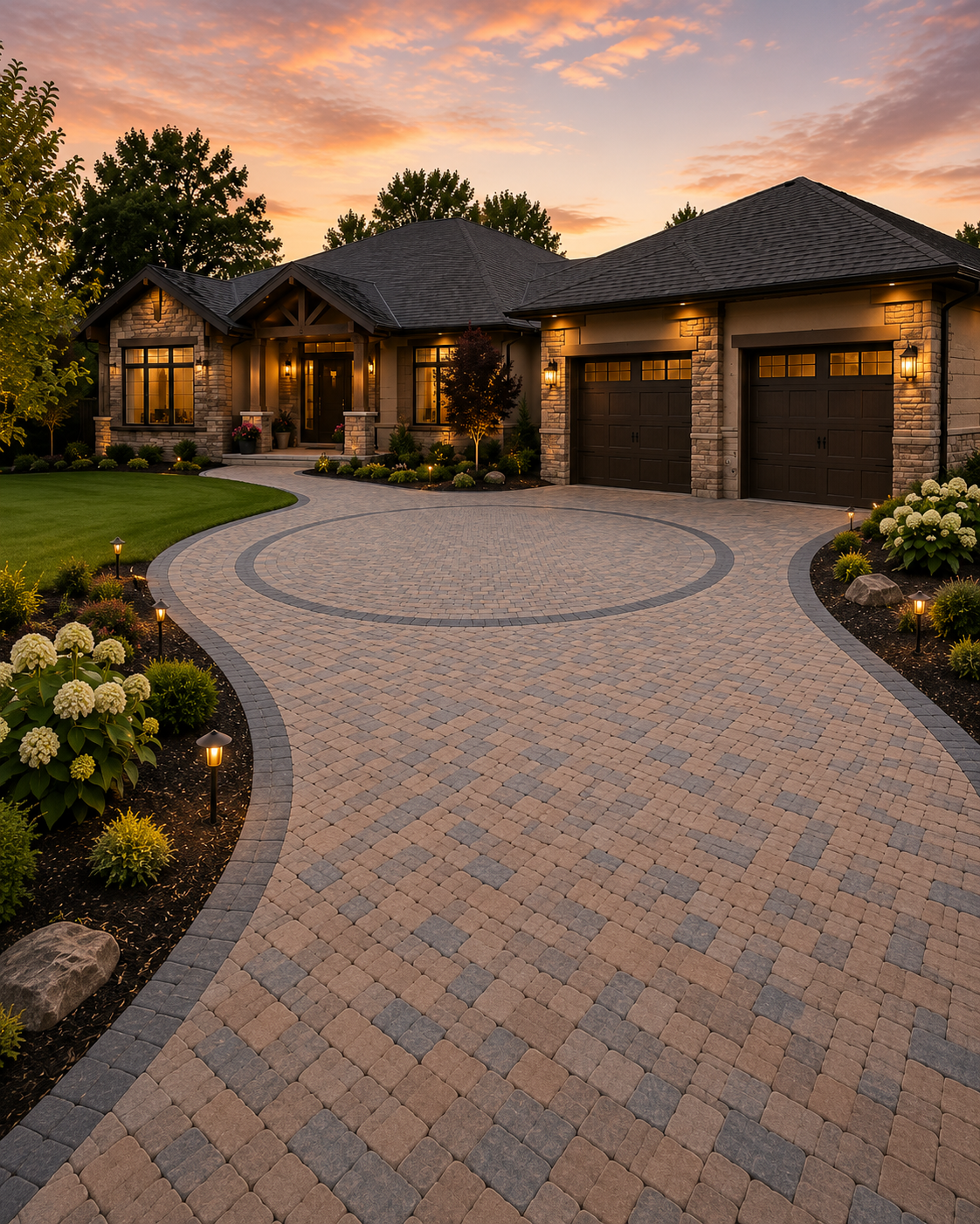 Luxury home exterior at sunset with a curved paver driveway, warm lights, and landscaped garden.