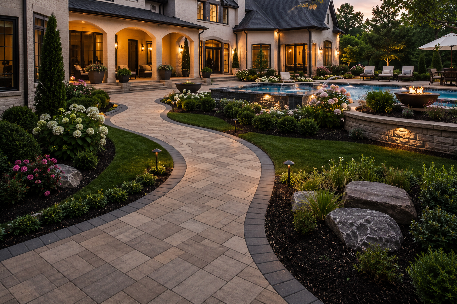 Curved stone walkway through a landscaped garden beside a warmly lit house at dusk