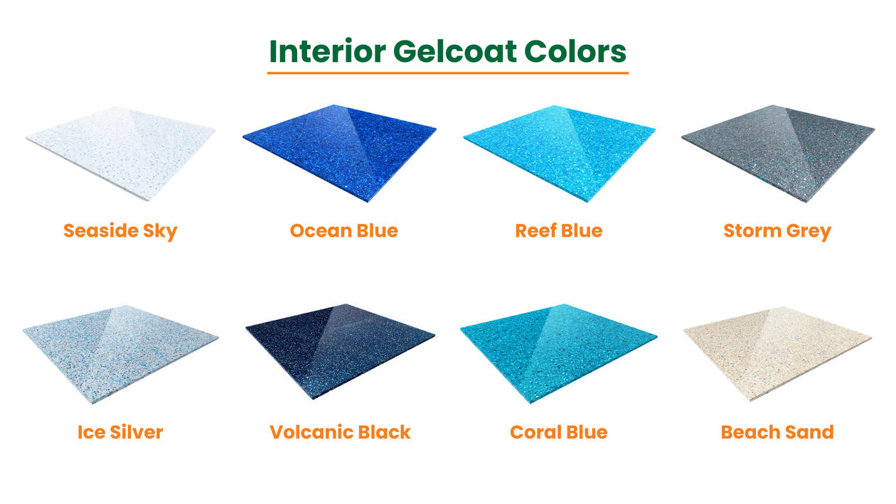 Interior Gelcoat Colors chart with eight color swatches: Seaside Sky, Ocean Blue, Teal Blue, Storm Grey, Ice Silver, Volcanic Blacks, Cool Blue, Beach Sand